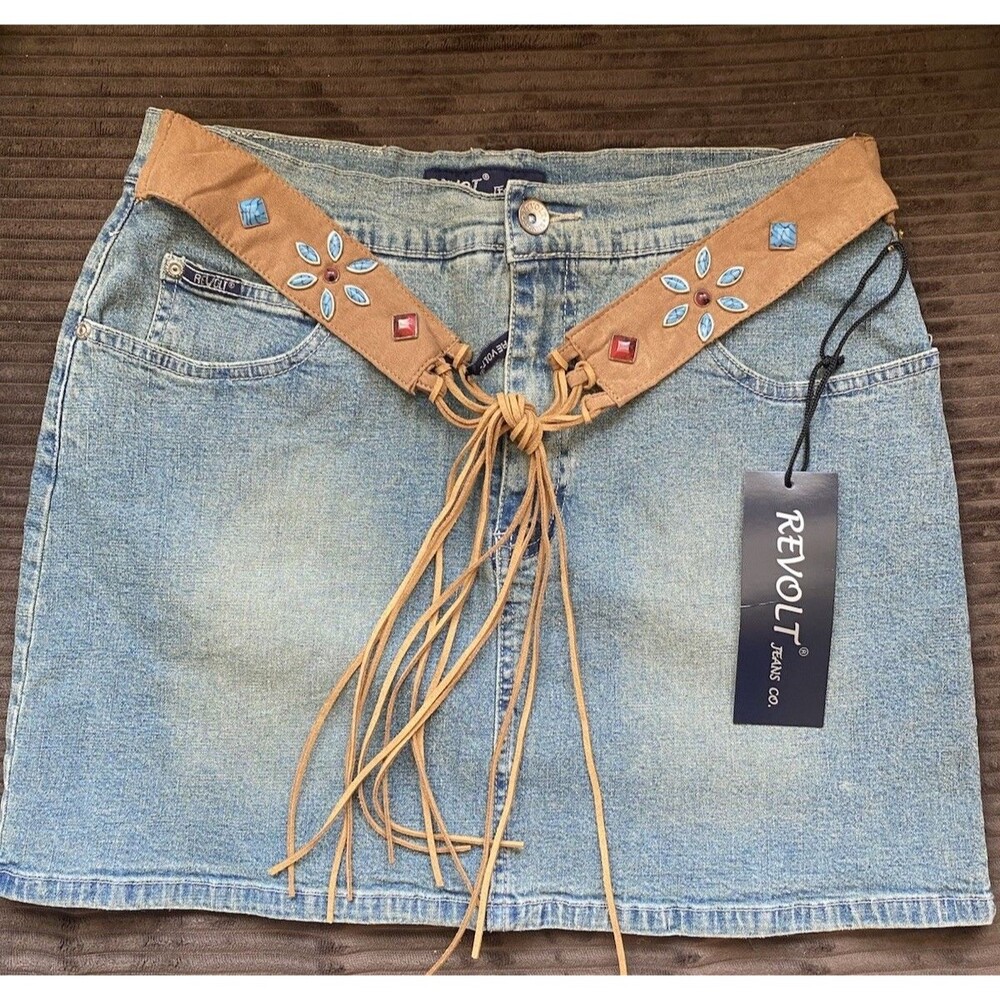 NWT size 13/14 Revolt jeans company jean skirt with faux suede fringe belt Vtg